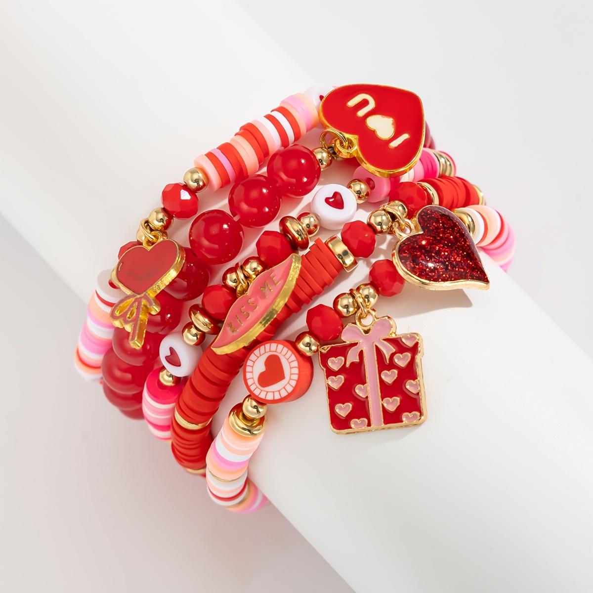 

5pcs Valentine s Day Soft Clay Bead & Heart Charm Bracelets - Elastic Stretch Beads, Love Token Gift for Couples,Year-Round Wear