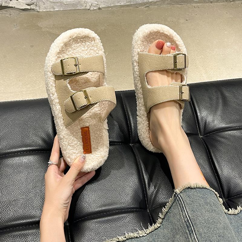 Fashion Women's Slippers Fur Plush Platform Wear Non-slip Slippers Casual Fashion Pin Buckle Roman Flip-flops Winter New Style