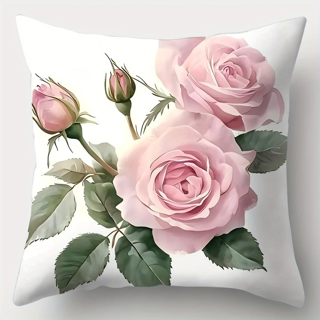 Elegant Pink Rose White Floral Pillow Covers Polyester Zip Closure Cushion Cover Contemporary Living Room Decorative Pillowcase