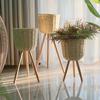 Nordic Rattan Straw Flower Basket with Wooden Stand for Indoor Decoration