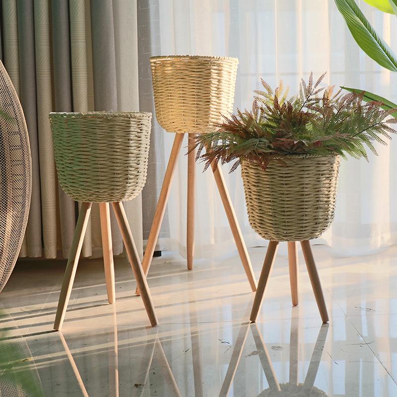 Nordic Rattan Straw Flower Basket with Wooden Stand for Indoor Decoration