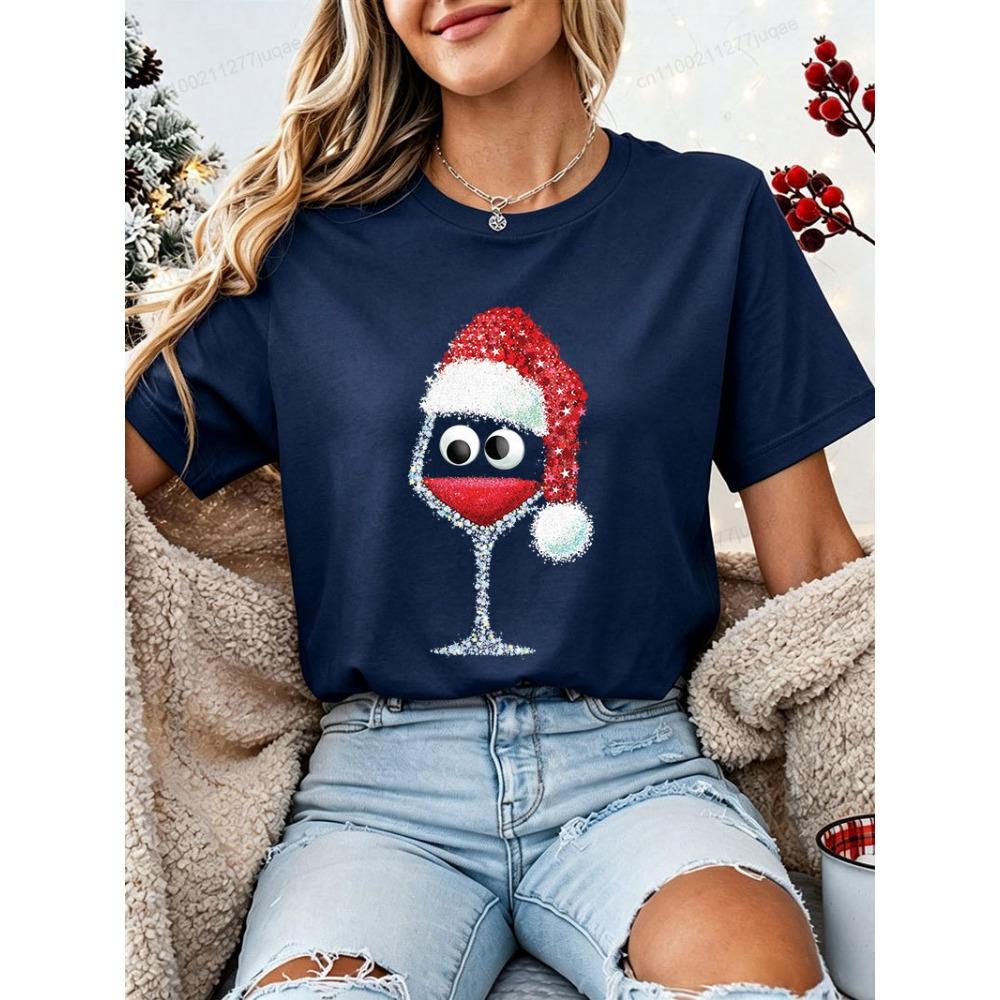 Drinking Christmas T‑Shirt Women Funny Wine Glass Santa Graphic Tee Tops