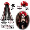 Women's Halloween Bride Costume Set with Red Black Rose Lace Choker and Face Stickers for