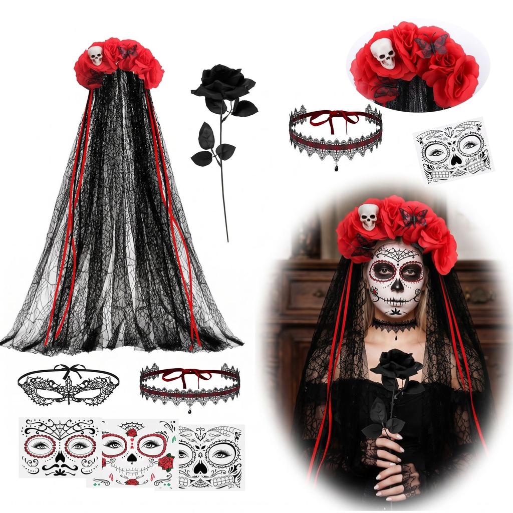 Women's Halloween Bride Costume Set with Red Black Rose Lace Choker and Face Stickers for