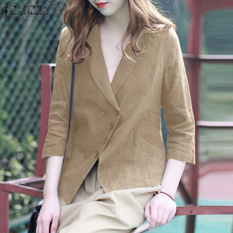 ZANZEA Women Casual V-Neck Solid Color Loose 3/4 Sleeve Blouse