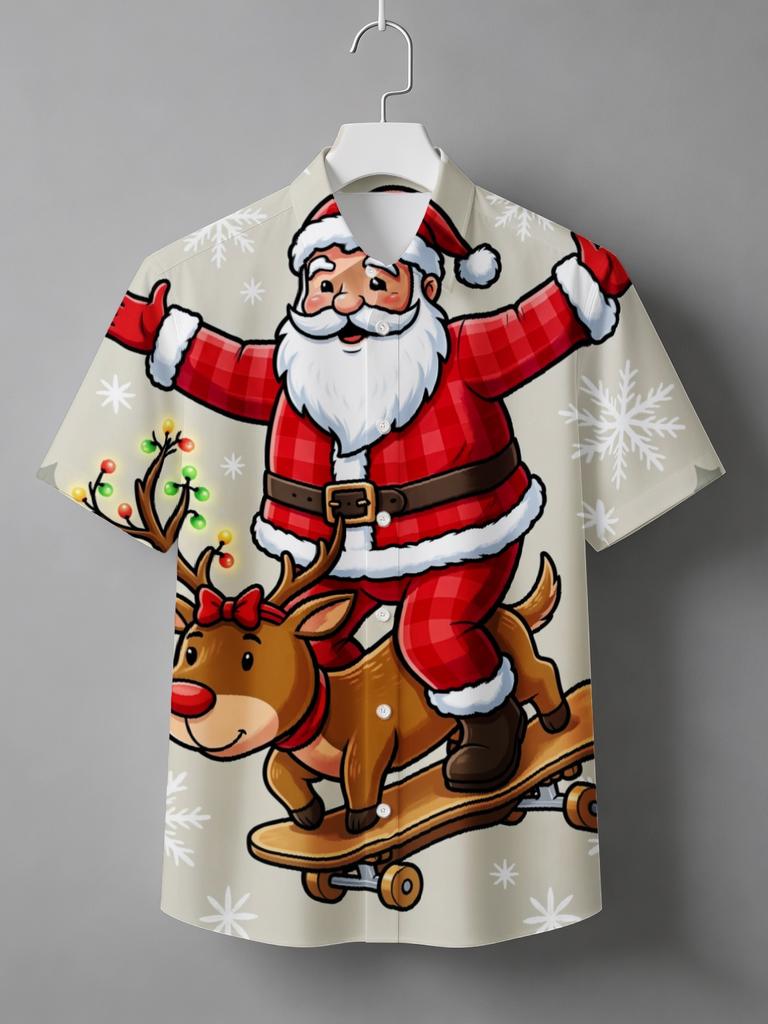 [Print Design - Not Textured] Christmas Men'S Short Sleeve Hawaiian Shirt Top Comfortable Breathable Fabric Lapel Santa Claus Digital Print 3D Fashion