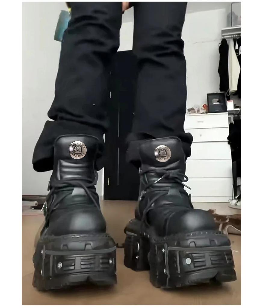 Fashion 2025 New Genuine Leather Tank Sole Punk Short Boots Short Boots Thick Sole Buckle Lace Up Boots Fashion Street Motorcycle Boots
