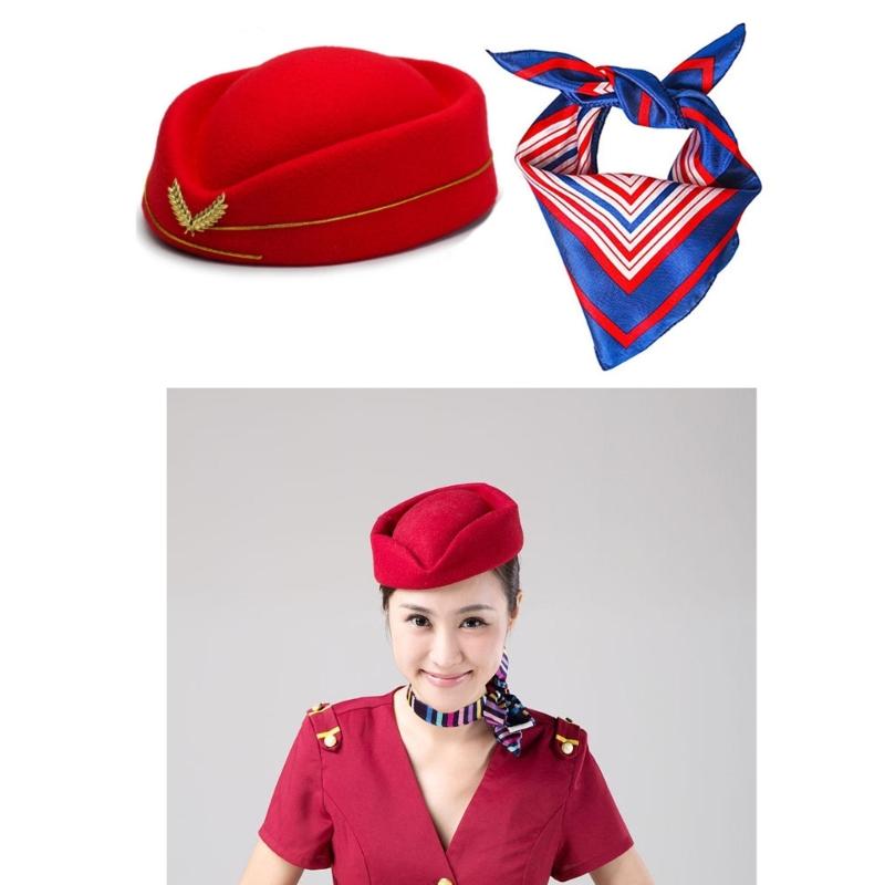 Stewardess Hats Air Hostess Costume Scarf for Masquerades Party Cosplay