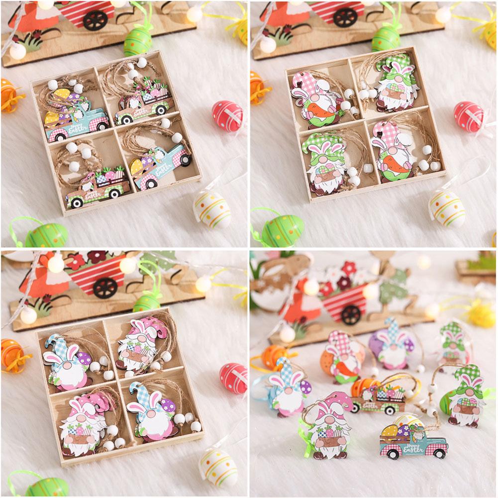 4PCS Easter Wooden Slices Ornament with Twine Elf Wooden Decoration Elf Wooden Hanging Craft for Home Easter Tree Decorations