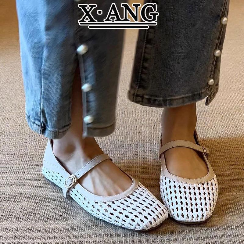 Sheepskin hand-woven Mary Jane shoes summer shallow mouth flat bottom single shoes hollow breathable hole shoes sandals women