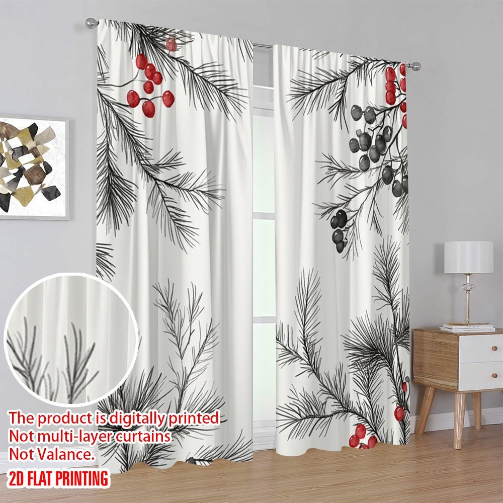 2pcs,2D Plane Printing Curtains Christmas Pine Berry Branches Versatile Durable Polyester (without Rod) Gifts for Bedroom and