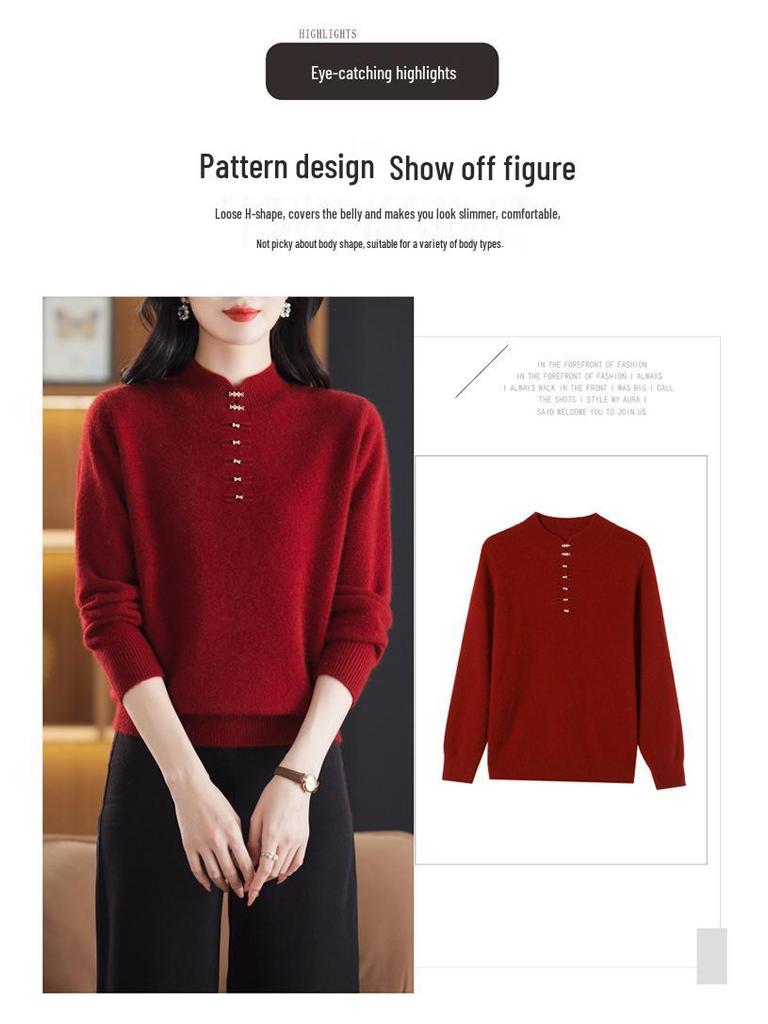 Women's Red Chinese-Style Thick Wool Sweater for Autumn/Winter