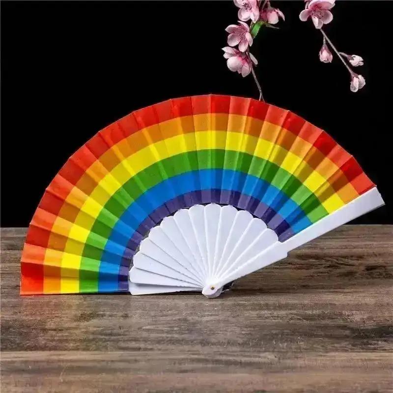 Plastic Hand Crank Fan Foldable Pretty Style Rainbow Silk Fabric Pocket Fans Crafts Party Personality Dance Decoration Home