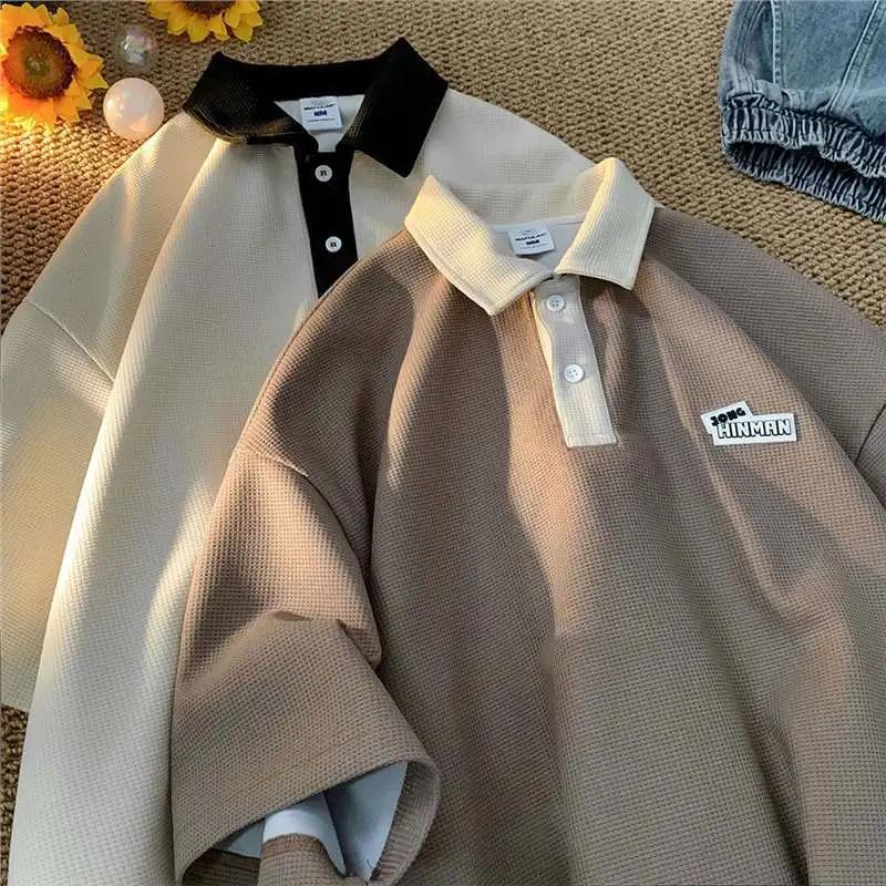 Men's Retro Waffle Polo: Short Sleeve Lapel Shirt for Summer Couples