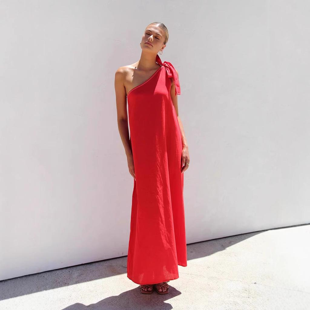 Damen Sommerkleider mit einer Schulter, ärmellos, einfarbig, fließend, mit Rüschen, Maxi-Sommerkleider, lässig, Boho, Strandparty, Hochzeitsgastkleider für Frauen