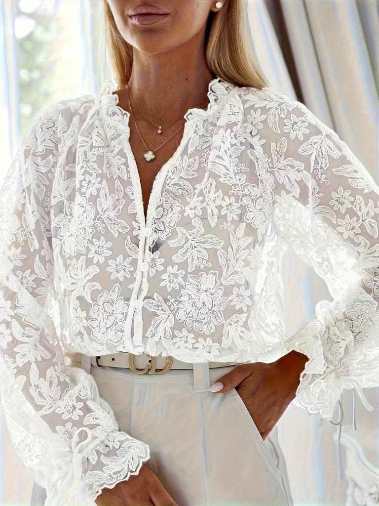 European & American Women's Casual Lace Hollow Long-Sleeve Top