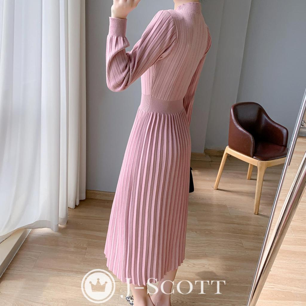 Knit Puff Midi Long Pink Limited Stock J-Scott Women's Dress, Pleated, Sleeves, Length, A-Line, Sleeves, (JS119-PK-M) -