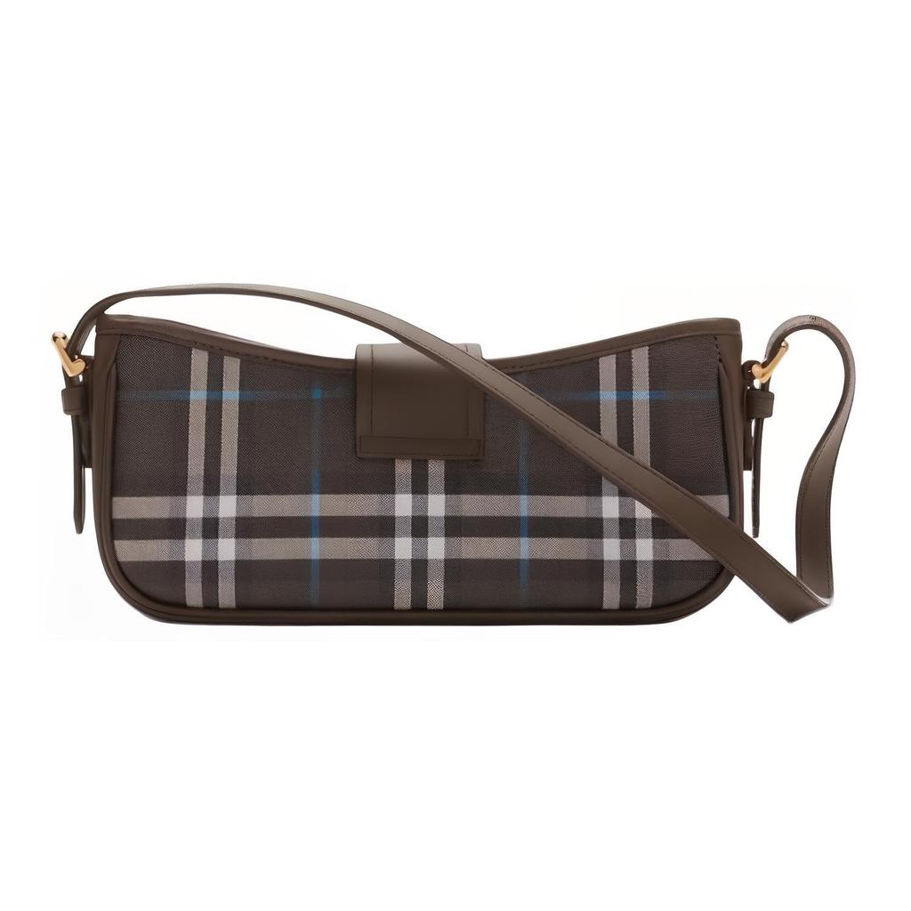 Burberry Checkered Leather Baguette Shoulder Bag With Gold Buckle & Detachable Strap