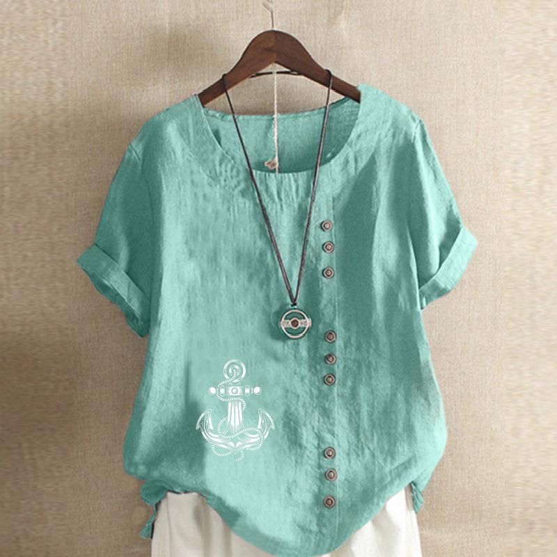 Women's Fashion Round Neck Short Sleeve T-shirt Casual Cotton Linen Graphic Shirt Leisure Loose Ship's Anchor Prined Summer Blouse Tops