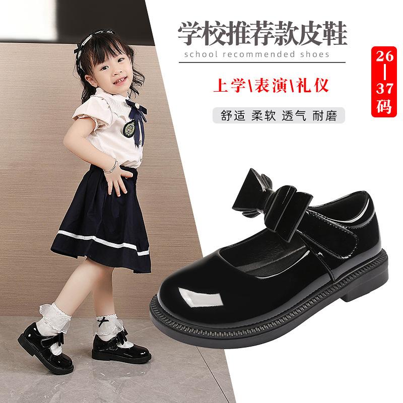 Children's Leather Shoes 2025 New Bow Girl Princess Shoes Soft Sole Casual Student Black Performance Shoes