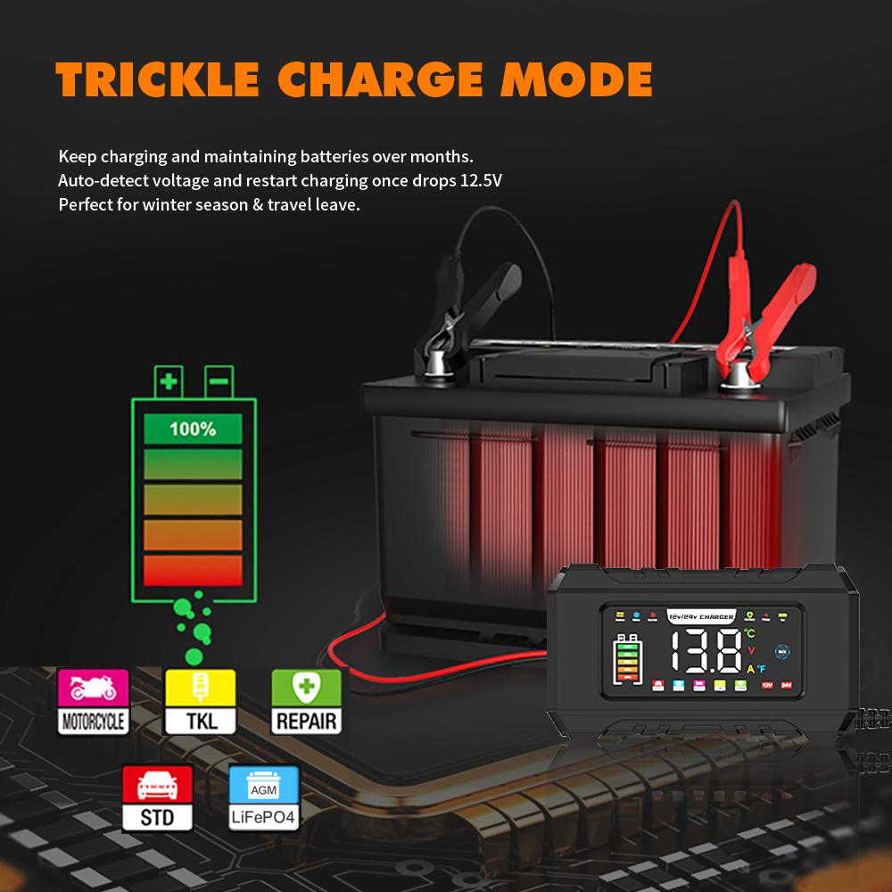 12V Fully Automatic Car Battery Charger Pulse Repair LCD Battery Charger for Auto Motorcycle Lead Acid Battery Smart Charging
