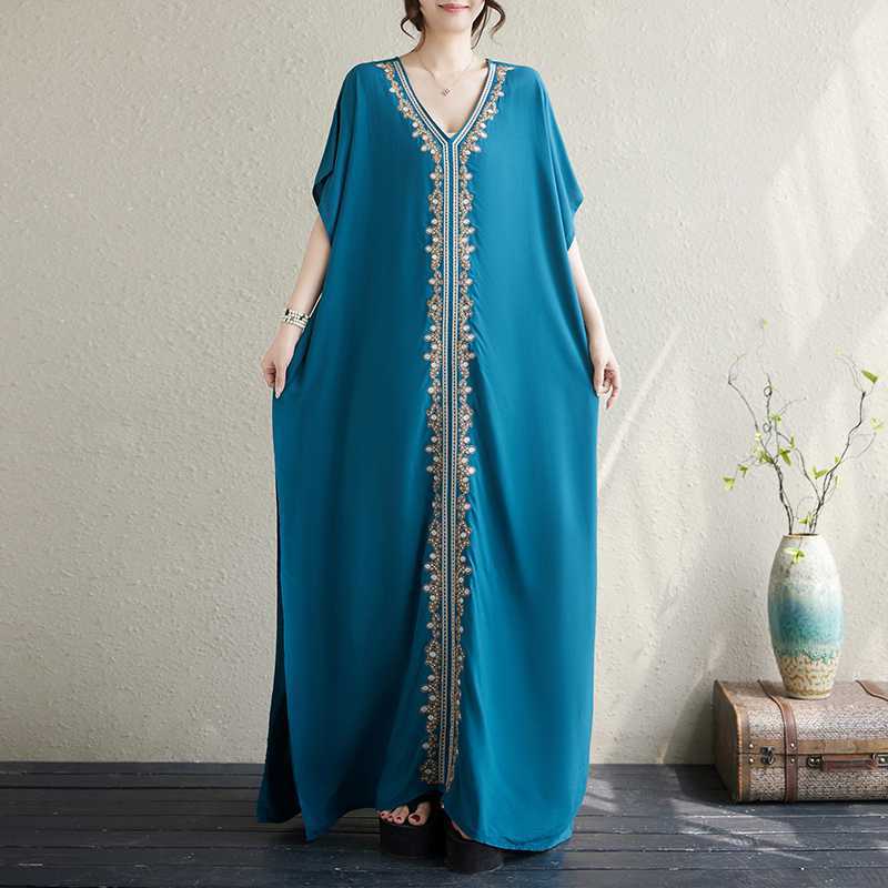 Kobiety Plus Size Vintage Haft V-neck Rękaw Nietoperz Sukienka Maxi Letnia Luźna Plażowa Boho Sukienki Wakacyjne
