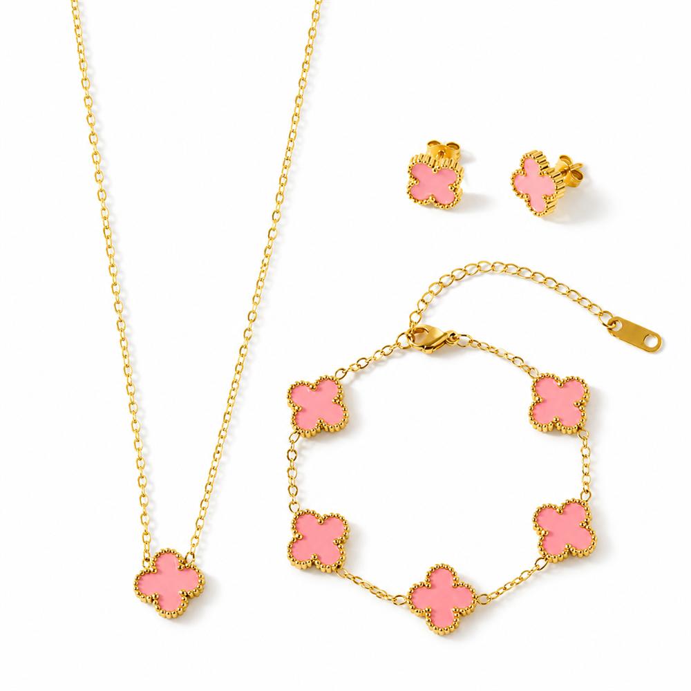 18K Gold-plated 13mm Four Leaf Clover Stainless Steel Jewelry Set Necklace Bracelet Earrings 3-Piece Set for Women Party Trendy