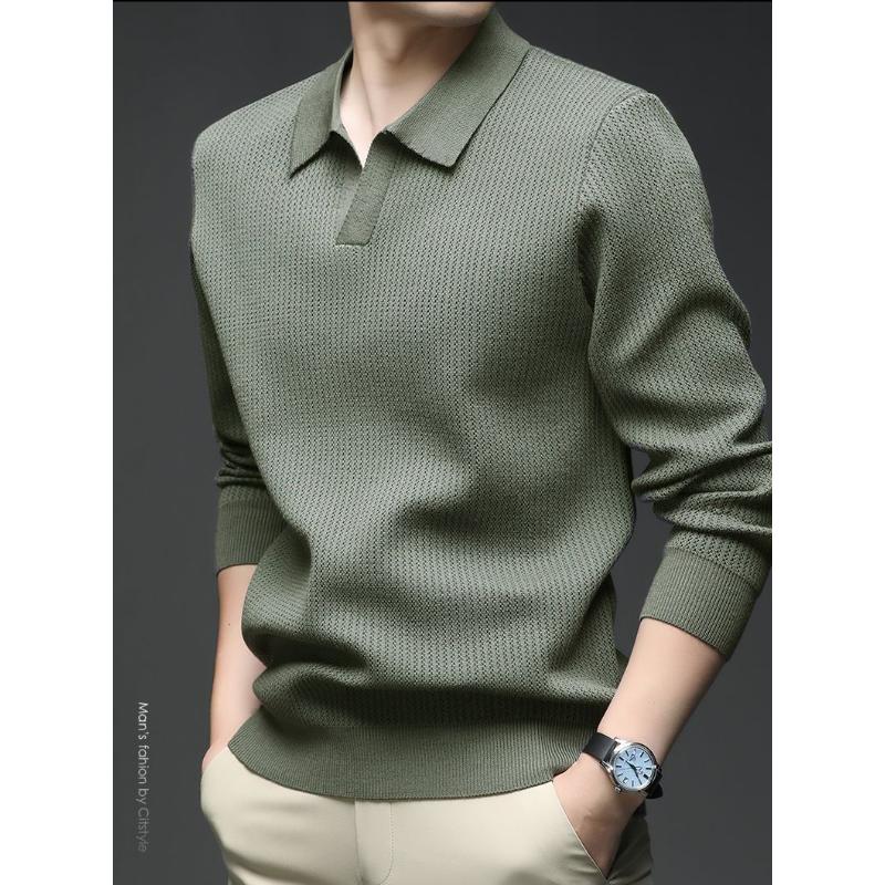 

Autumn and Winter All Match Fashion Woolen Sweater Men s Middle Aged Top Turndown Collar Casual Trendy Knitted Sweater L зелений