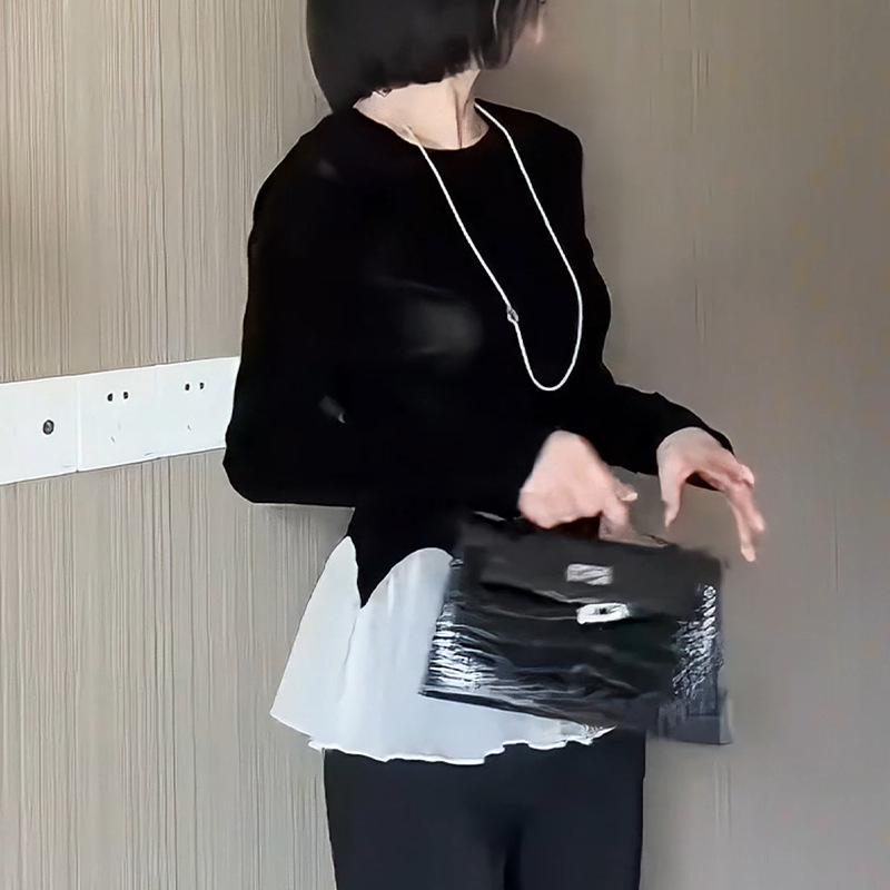 2024 Frühherbst Schickes Schwarz-Weiß Color-Block Langarm-Top