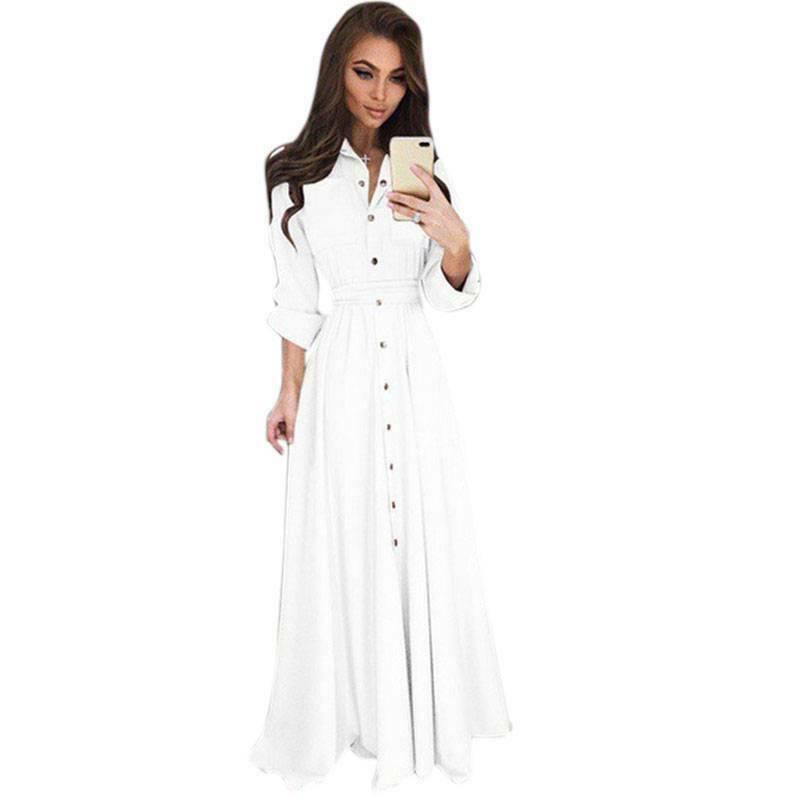 Womens Maxi Dress Long Sleeve Button Down Evening Party Cocktail Shirt Dresses