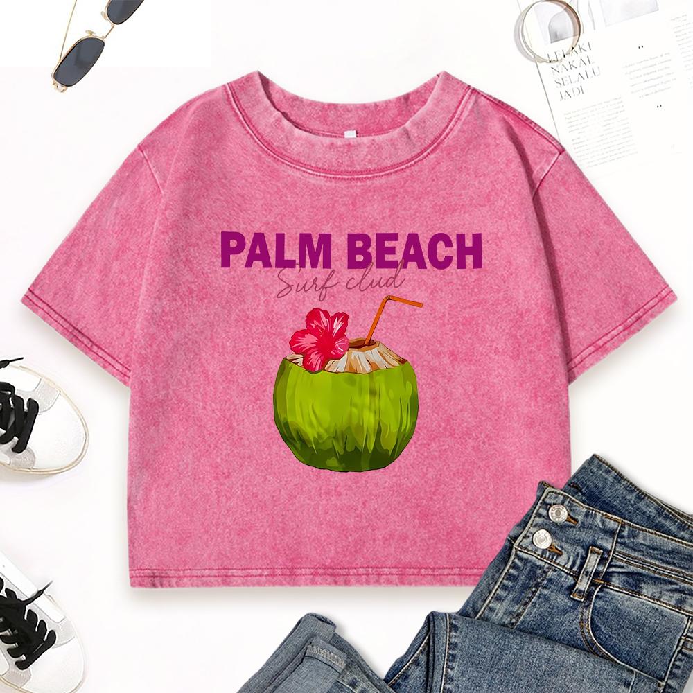 Palm Beach Fresh Coconut Juice Print Washed Tee Shirt Women Casual Slim T Shirts Cotton Vintage Top Summer