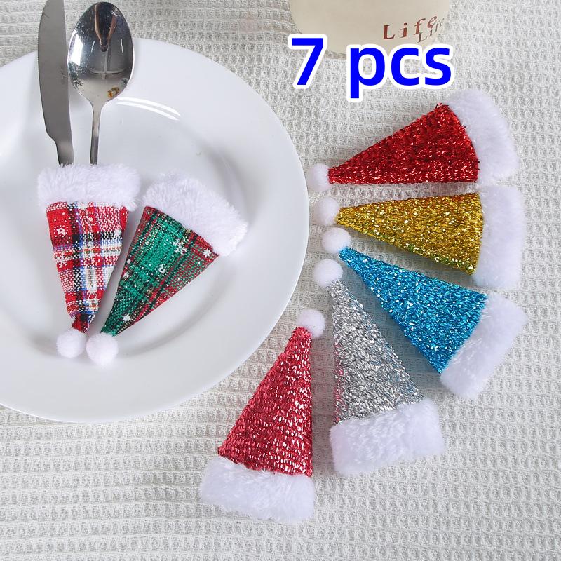 7 Pcs Set Mini Christmas Hat for Knife and Fork, Christmas Knife and Fork Cap, Christmas Evel Decorations, Christmas Gifts for Women and Kids