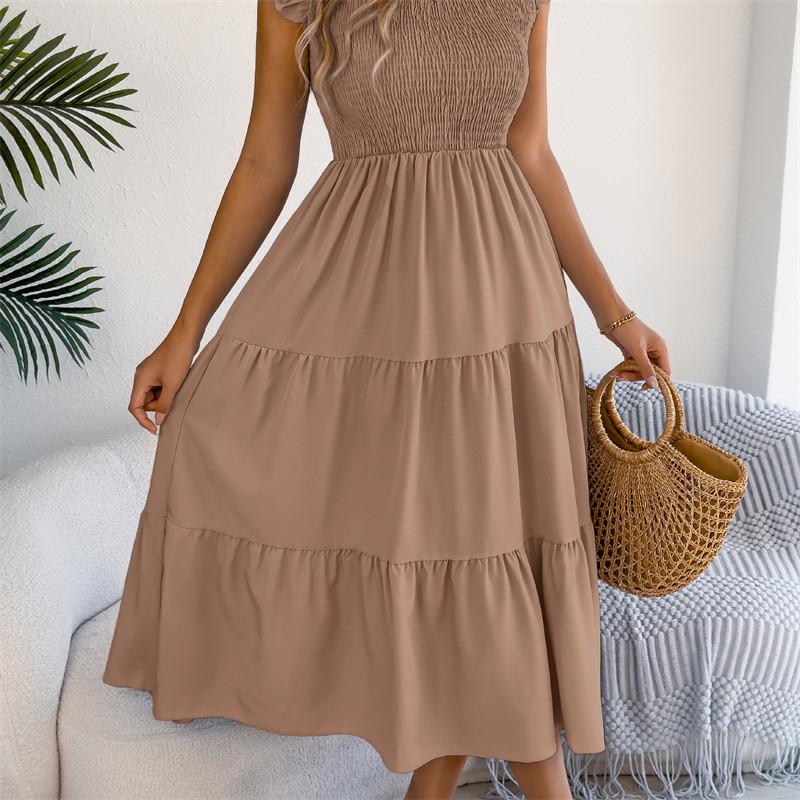 2026 Spring/Summer Women's Solid Color Black Fungal Edge Flying Sleeve Pulling Waist Skirt S-XL