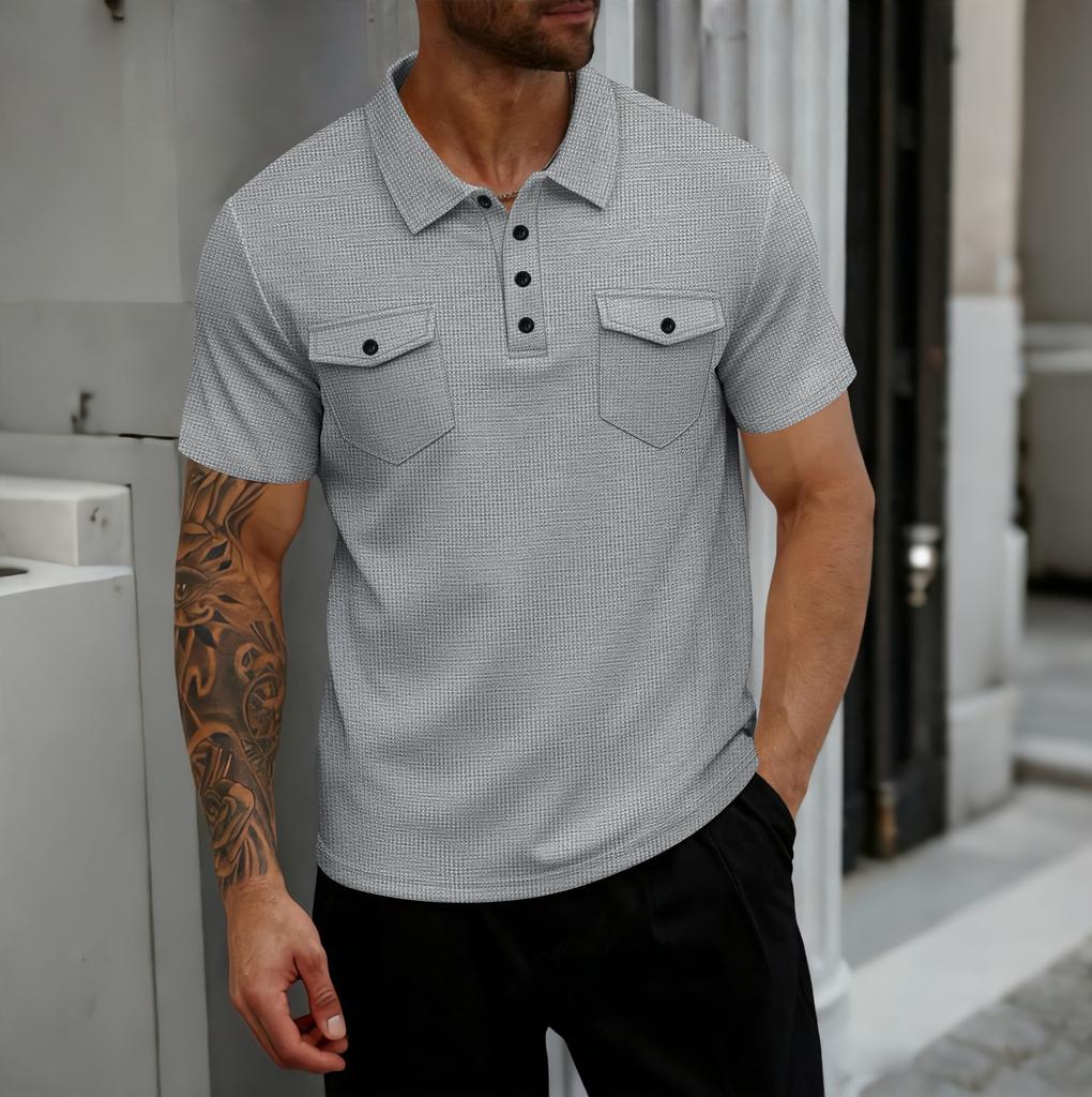 Mens Short Sleeve Waffle Knit Polo Shirt With Double Pockets