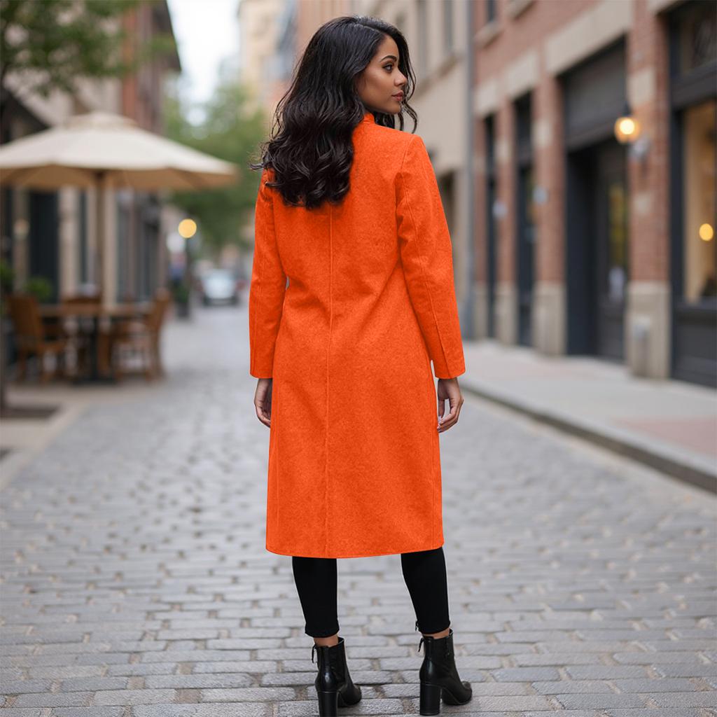 Women's Fashionable Solid-color Lapel Long-sleeved Woolen Coat