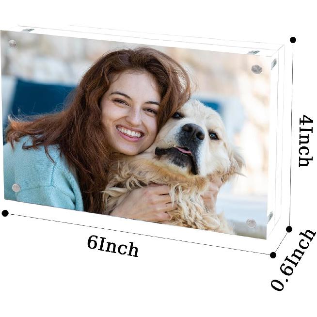 Acrylic Picture Frame 4x6, Double Sided Photo Frames for Refrigerator with Magnetic Corners, Transparent Acrylic Frame for Desk or Tabletop Display