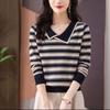 Spring and Autumn Women's Jacquard Lapel Striped Sweater Knitted Sweater Loose Base Sweater