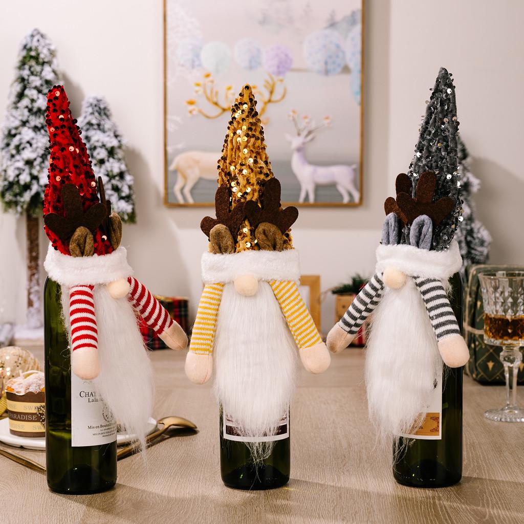 Whimsical Red Yellow And Black Sequin Hat Wine Bottle Ensembles With Antlers For Festive Christmas Decor