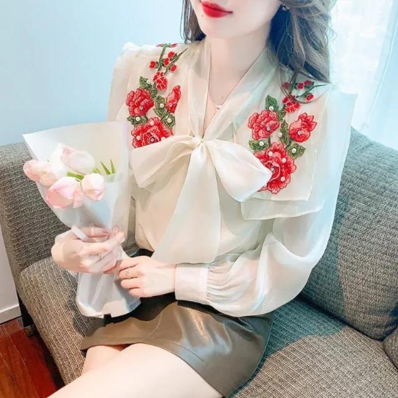 Women s Beige Floral Embroidered Blouse Long Sleeve Bow Tie Neck Sheer Chiffon Top S белый