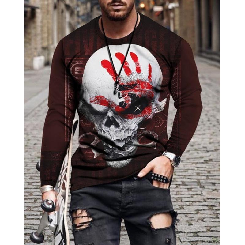 Gothic Grim Reaper Fiery Print Long Sleeve T-Shirt, Bold Edgy Style