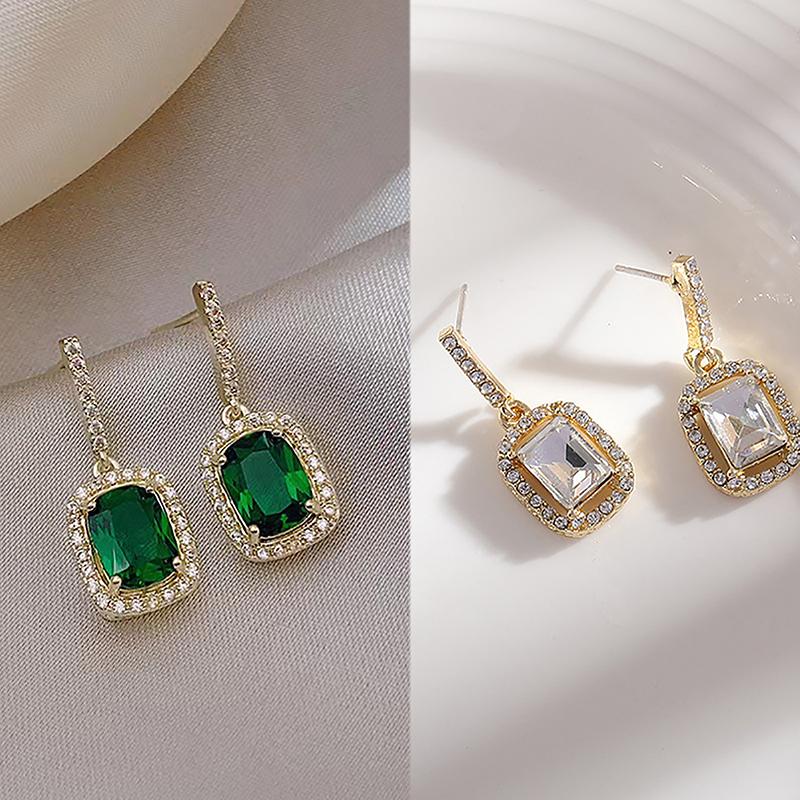 1Pair French Vintage Green Transparent Gem Simple Hanging Earring Jewelry Exquisite Drop Dangle Personality  Stud Earring