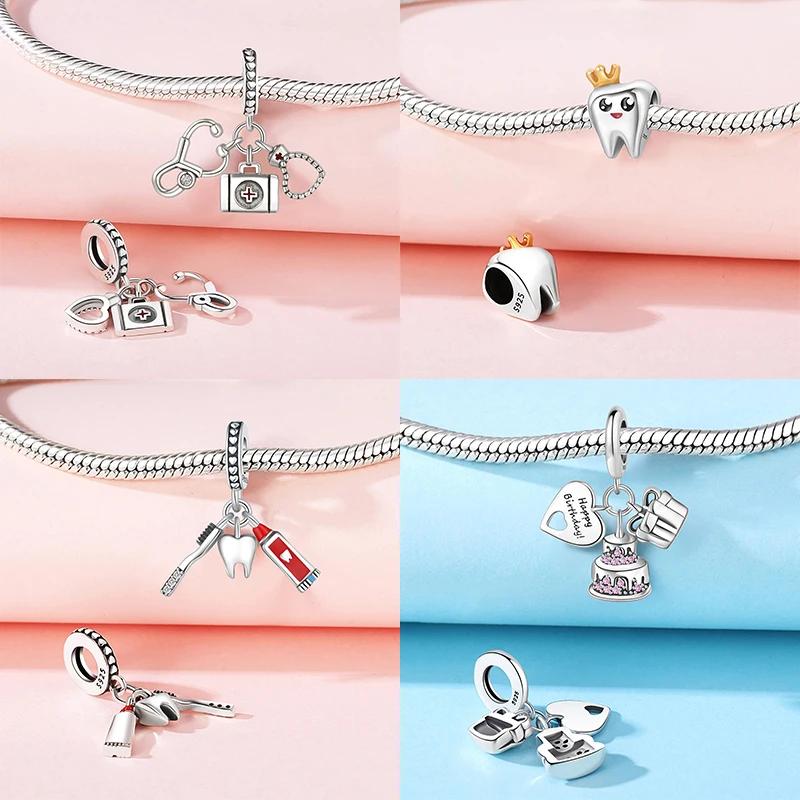 Balloon Birthday Cake Bone Tooth Stethoscope Beads Copper Charms Pendant Fit Women Original Bracelet Diy Fine Jewelry Gift