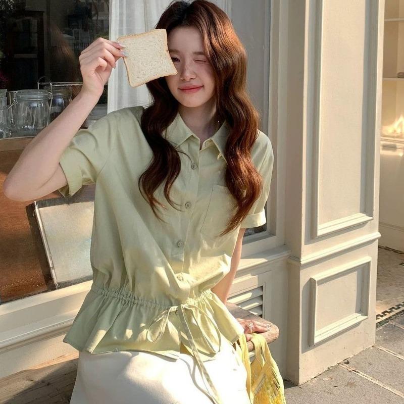 Women's Mint Green Shirt Ladies' Waist Cinching Tie Short Sleeves Blouse Summer New Female Korean Version Casual Slimming Top