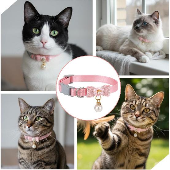 Cat Collar Breakaway, Adjustable Pink Cat Collar with Pearl Pendant, Cute Cat Collars with Safety Buckle Pink Bowtie Kitten Collars for Girl Cats