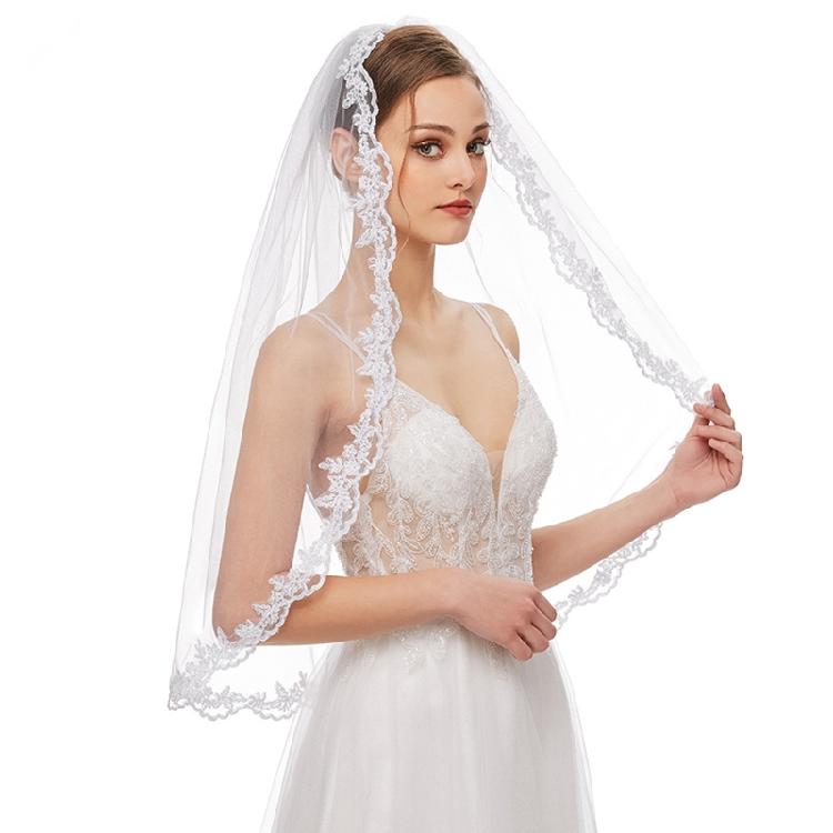 Wedding Veil Single Layer Lace Appliques Fingertip Length Short Tulle for Brides