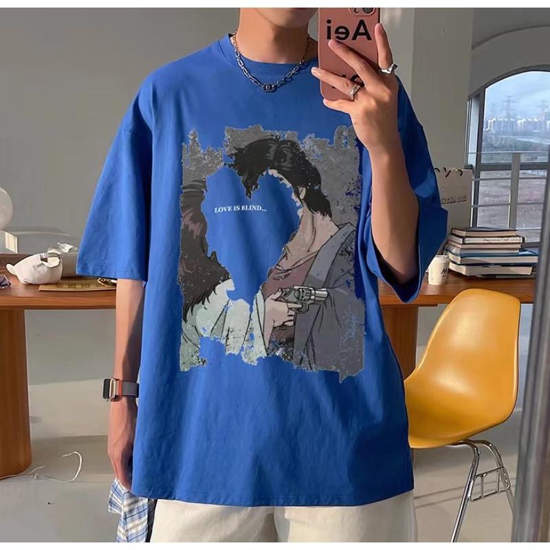 

Чоловічі футболки з короткими рукавами Футболки з літерним принтом і напіврукавами Пуловери Футболка Повсякденна футболка Чоловічі корейські повсякденні футболки з круглим вирізом Ретро для 5XL синій