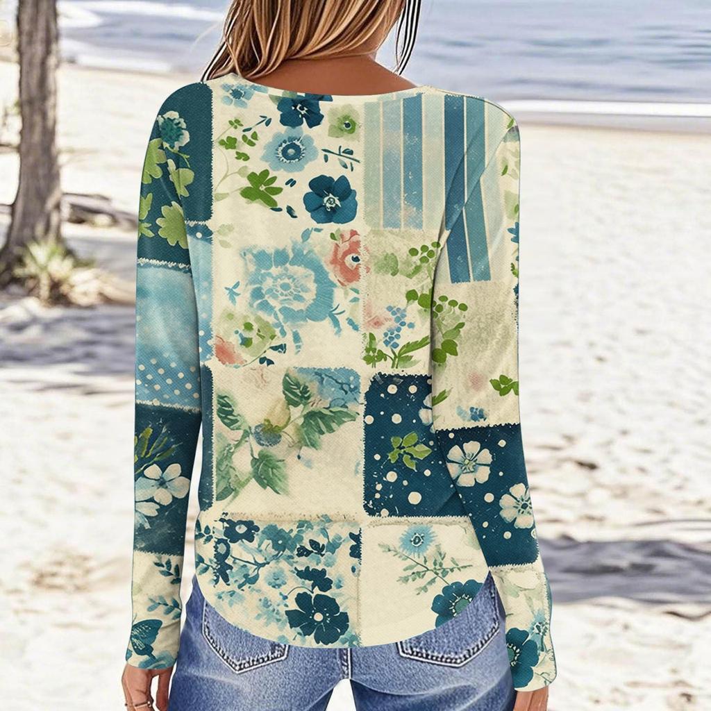 Women's Fashionable Casual Printed Long Sleeved Round Neck Top Round Neck Top Top