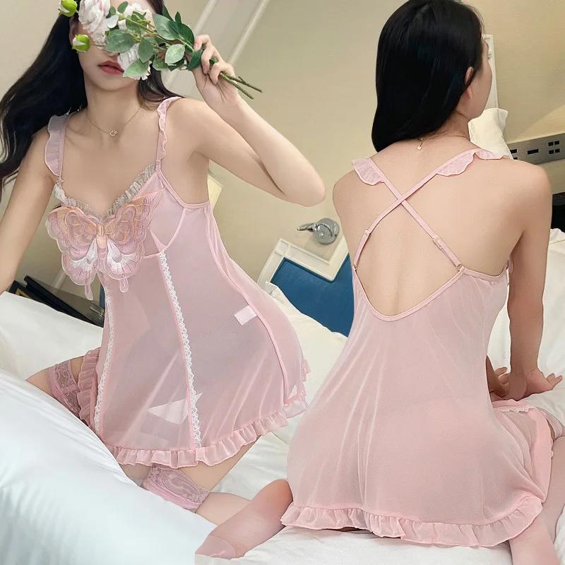 Sexy Women's Home Sleepwear Strap Nightgown Cherry Blossom Pink Pure Lace Trim Nightdress Home Comfortable Night Dress