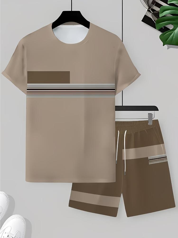 Men's Outdoor Outfit Set, Summer Trendy Fashion Short-Sleeve Crew Neck Creative Quick-Dry T-Shirt Top + Shorts, 3D Digital Print Vintage Style Striped