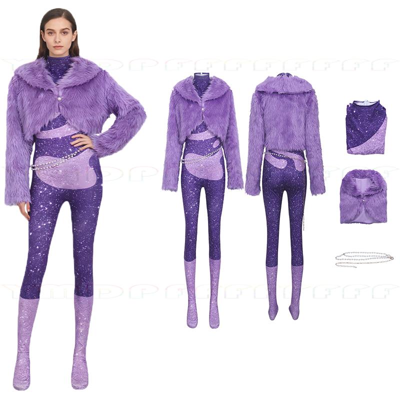 Anime nová zpěvačka Shakira cosplay set kozí srst fialový kabát kombinéza řetízek na pas jevištní oblečení Vánoce a Halloween ho
